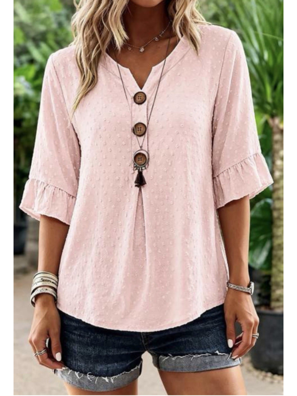 Swiss Dot Button Front Ruffle Trim Half Sleeve Notched Neck Pink Blouse 3XL